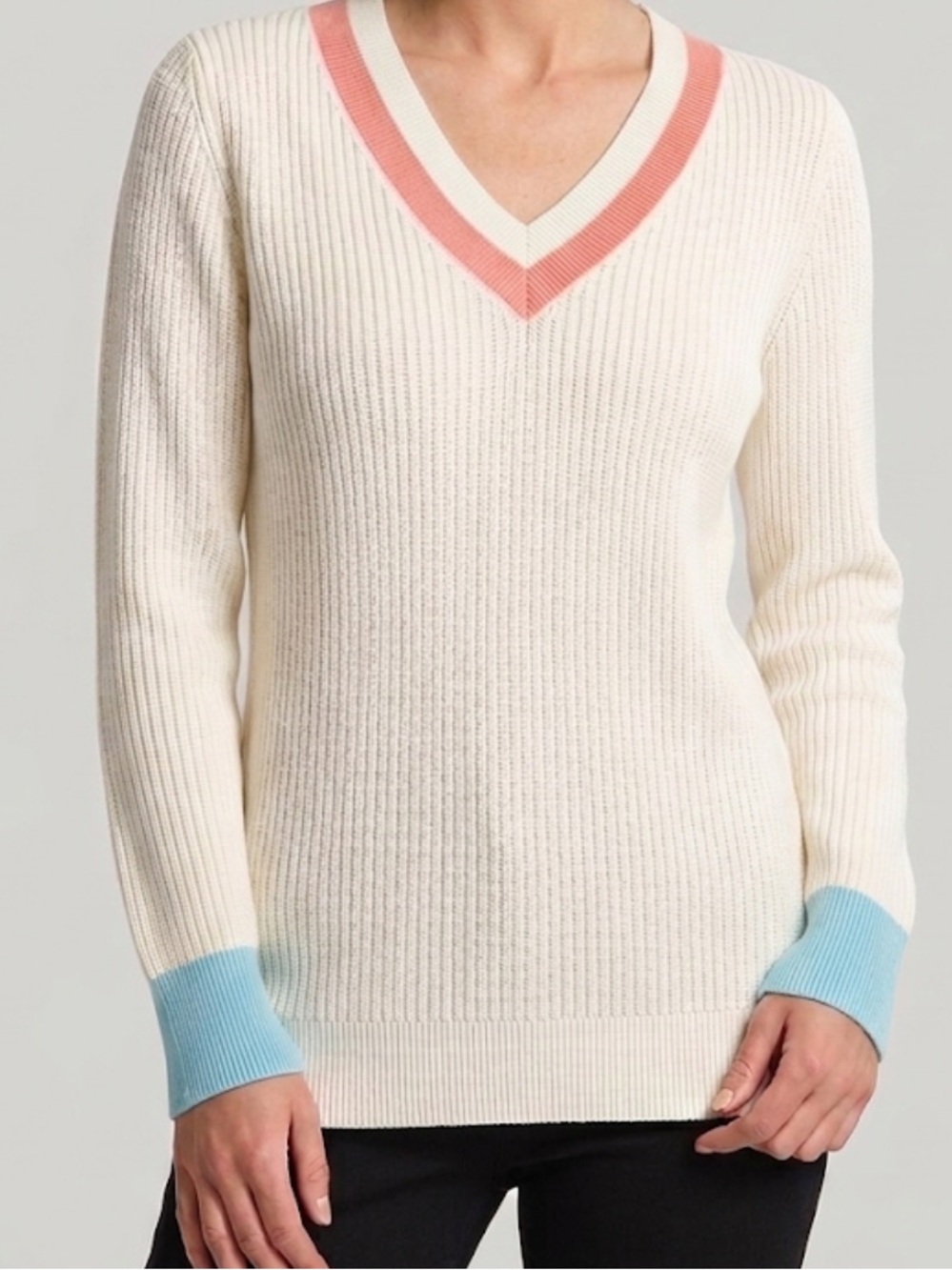 Talbots Cream V-Neck Ribbed Sweater with Pink Trim and Blue Cuffs Size Medium